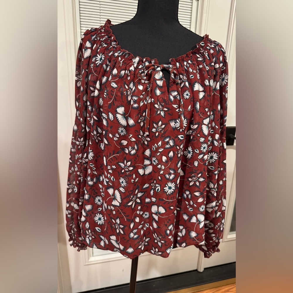 Express Women’s Maroon Floral Long Sleeve Peasant Blouse Size Large